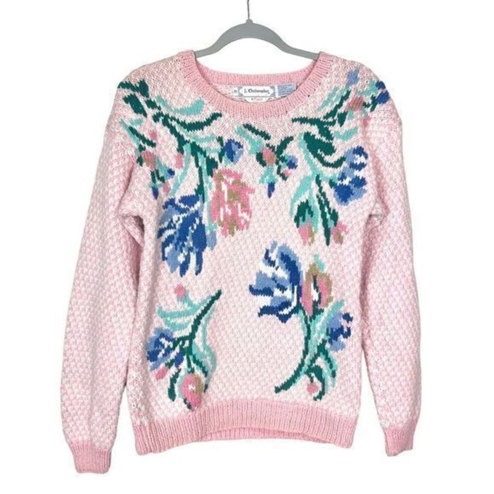 J. Christopher Vintage Hand Knit Pink Floral Sweater Grannycore Cottage-core